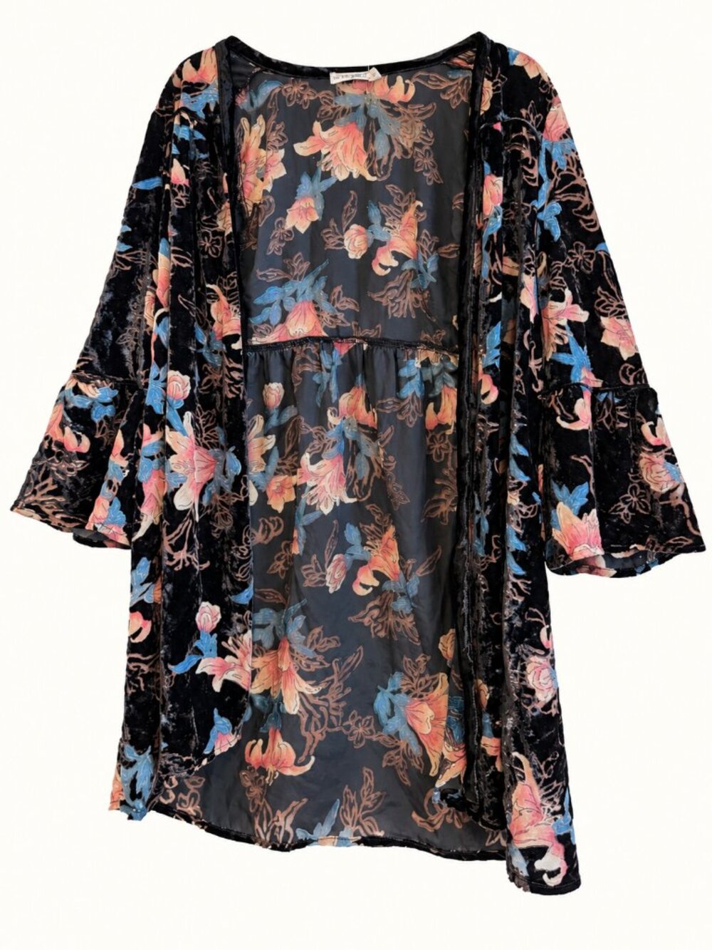 Live to Be Inspired Medium Black Floral Velvet Burnout Bell Sleeve Duster